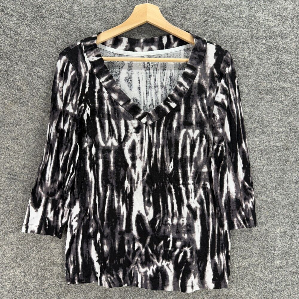 Nicole Miller Blouse Women XL Black Animal Print V-Neck 3/4 Sleeve Casual